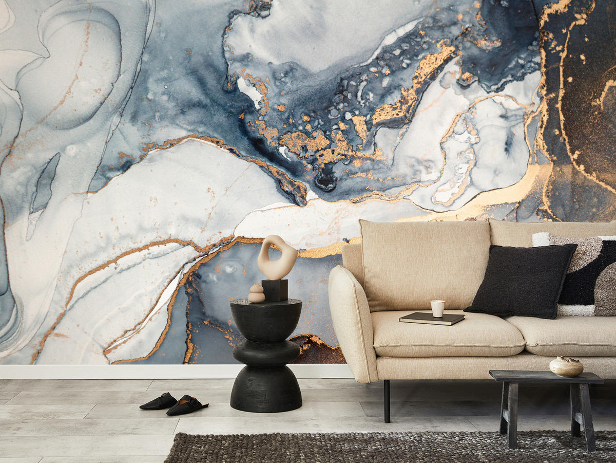 FOTOTAPETA Pre Obývaciu Izbu Mramor Modrá Moderná Zlaté Akcenty Elegantná 150 x 105 cm - žltá/sivá, papier (150/105cm) - Muralo