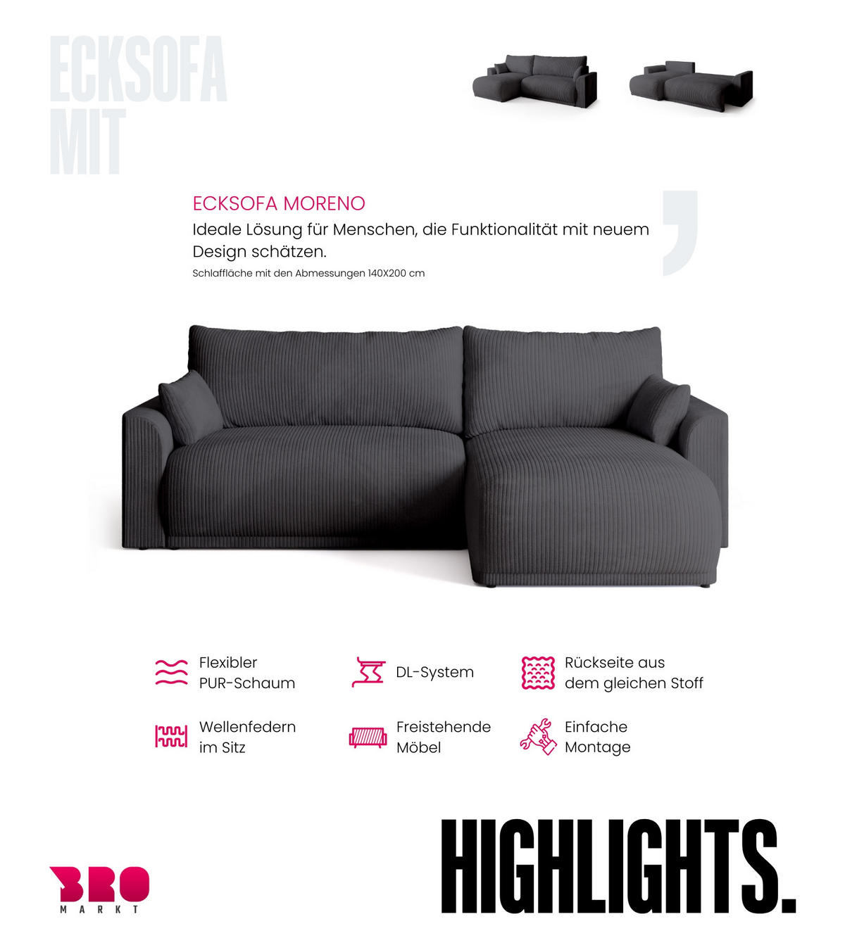 ECKSOFA MORENO mit Schlaffunktion Grau Cord - Grau, Textil (262/160cm) - Bromarkt