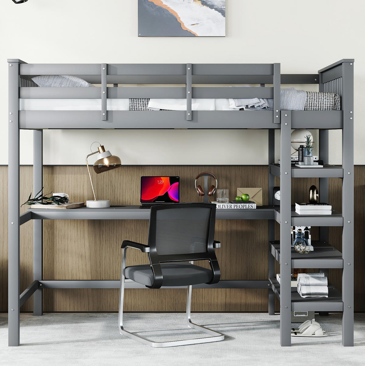 HOCHBETT 90/200 cm Grau mit Schreibtisch und Ablagefächern - Grau, Holzwerkstoff (90/200cm) - Flora Grace