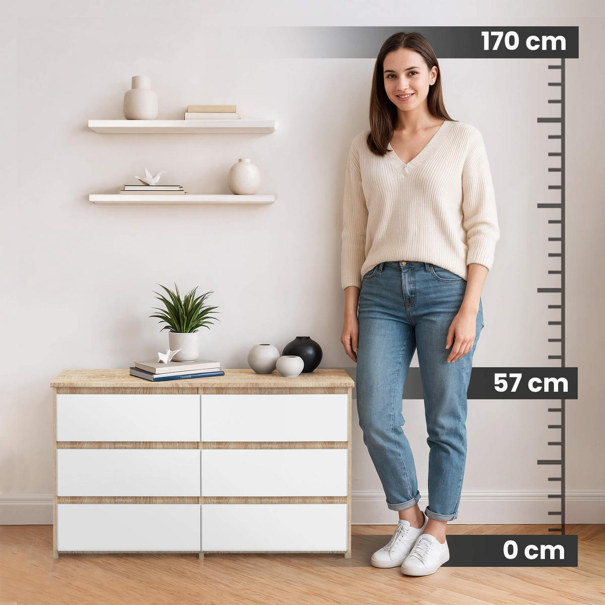 KOMMODE Sonoma Eiche, Weiß 35x100x57 cm - Weiß/Sonoma Eiche, Holzwerkstoff (100/57/35cm) - Akord