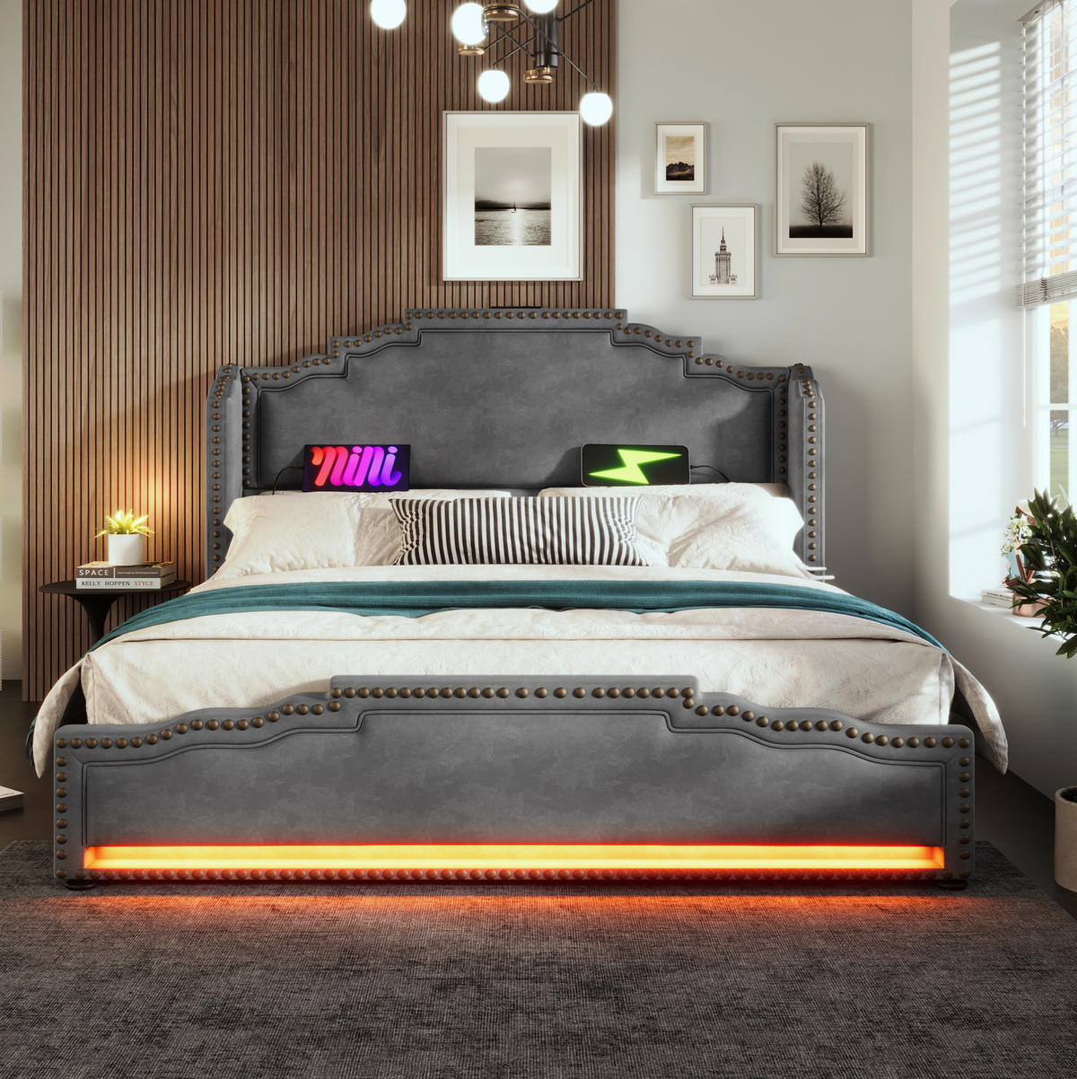 POLSTERBETT 140/200 cm Grau mit LED-Beleuchtung, Stauraum und USB-Anschlüssen - Grau, Textil (140/200cm) - Flora Grace