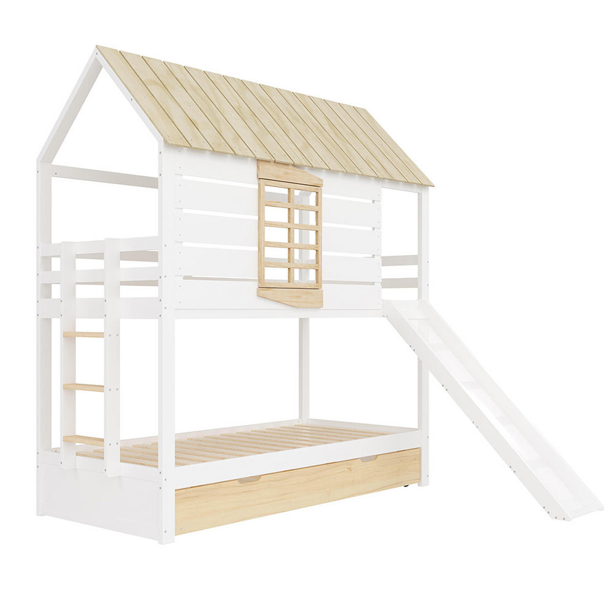 HAUSBETT 90X200 cm mit Rutsche und Ausziehbett, Weiß+Natural - Weiß, Holz (90/200cm) - KOMHTOM