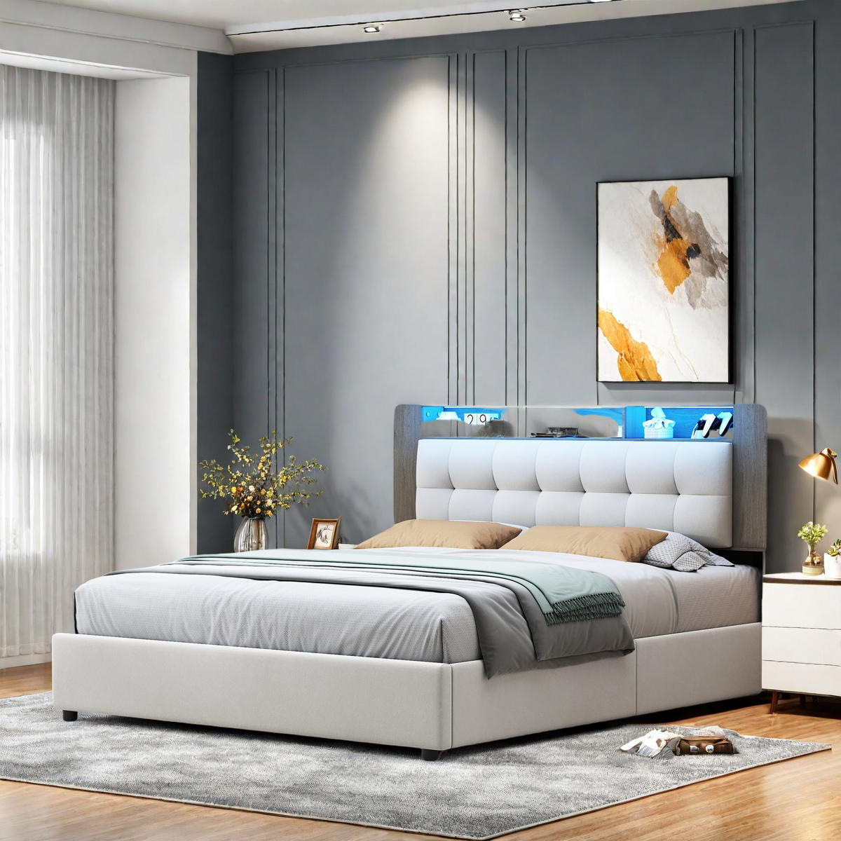 ČALÚNENÁ posteľ 140x200 cm béžová LED s hydraulickým úložným priestorom - béžová, kov (140/200cm) - SHOPENTRA