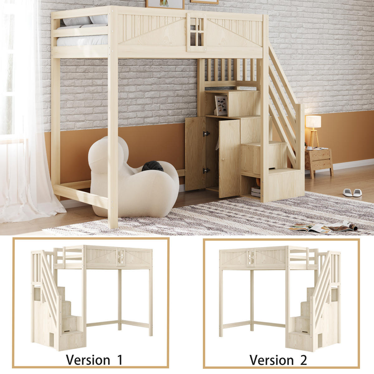 HOCHBETT 90/200 cm in Naturfarben mit Ablage und Austauschbarer Leiter Massivholz Design - Naturfarben, Holz (90/200cm) - STILVORA