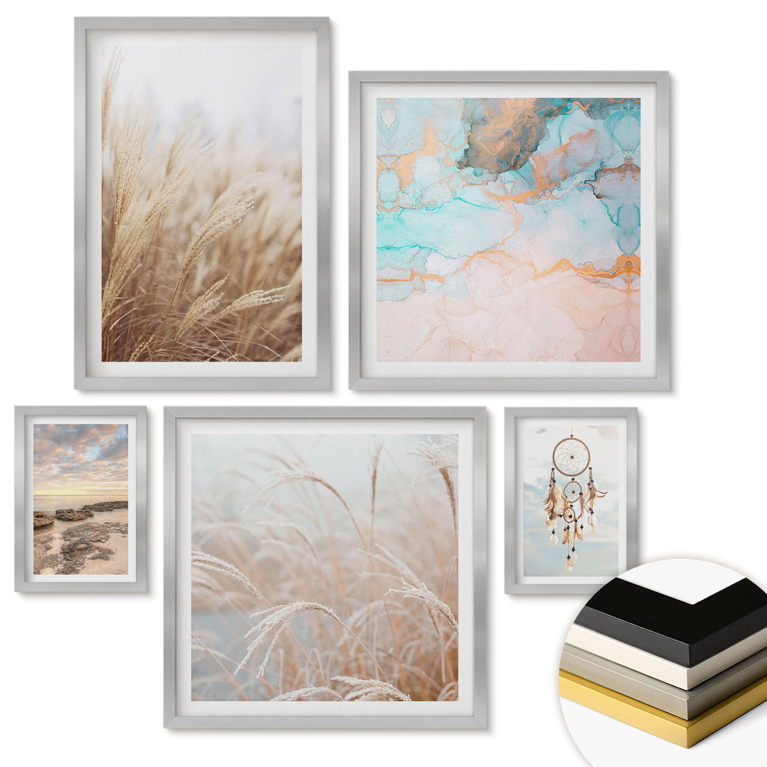 WANDBILDER 5er Set - 50x50 cm & 20x30 cm & 40x60 cm Silberner Rahmen - Strand, Boot, Muscheln, Gras, Boho-Stil - Silberfarben, Kunststoff (40/60cm) - ArtPrintCave