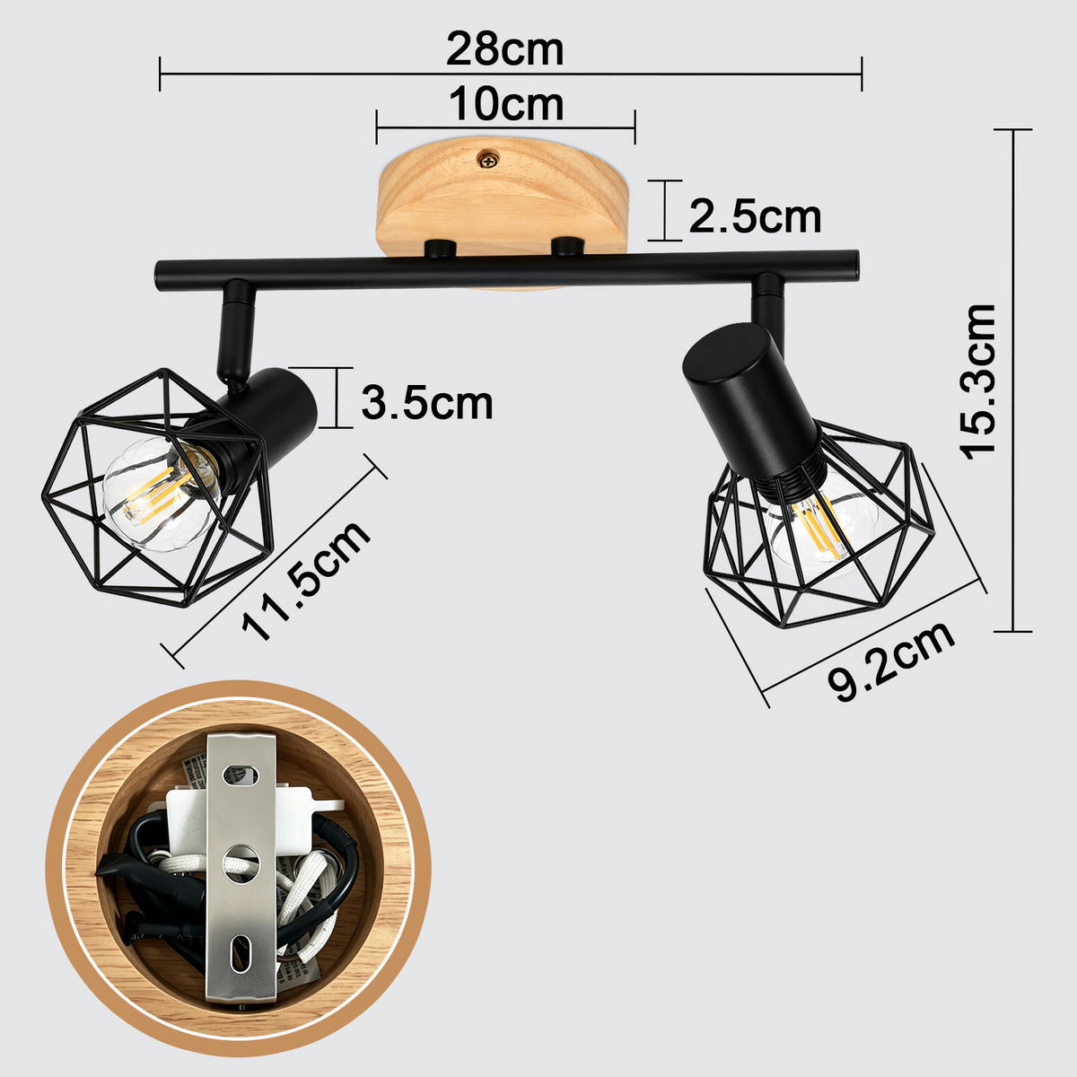 DECKENSTRAHLER Brythvin 28/9.2/15.3 cm - Schwarz/Braun, Holz/Metall (28/9.2/15.3cm) - ZMH