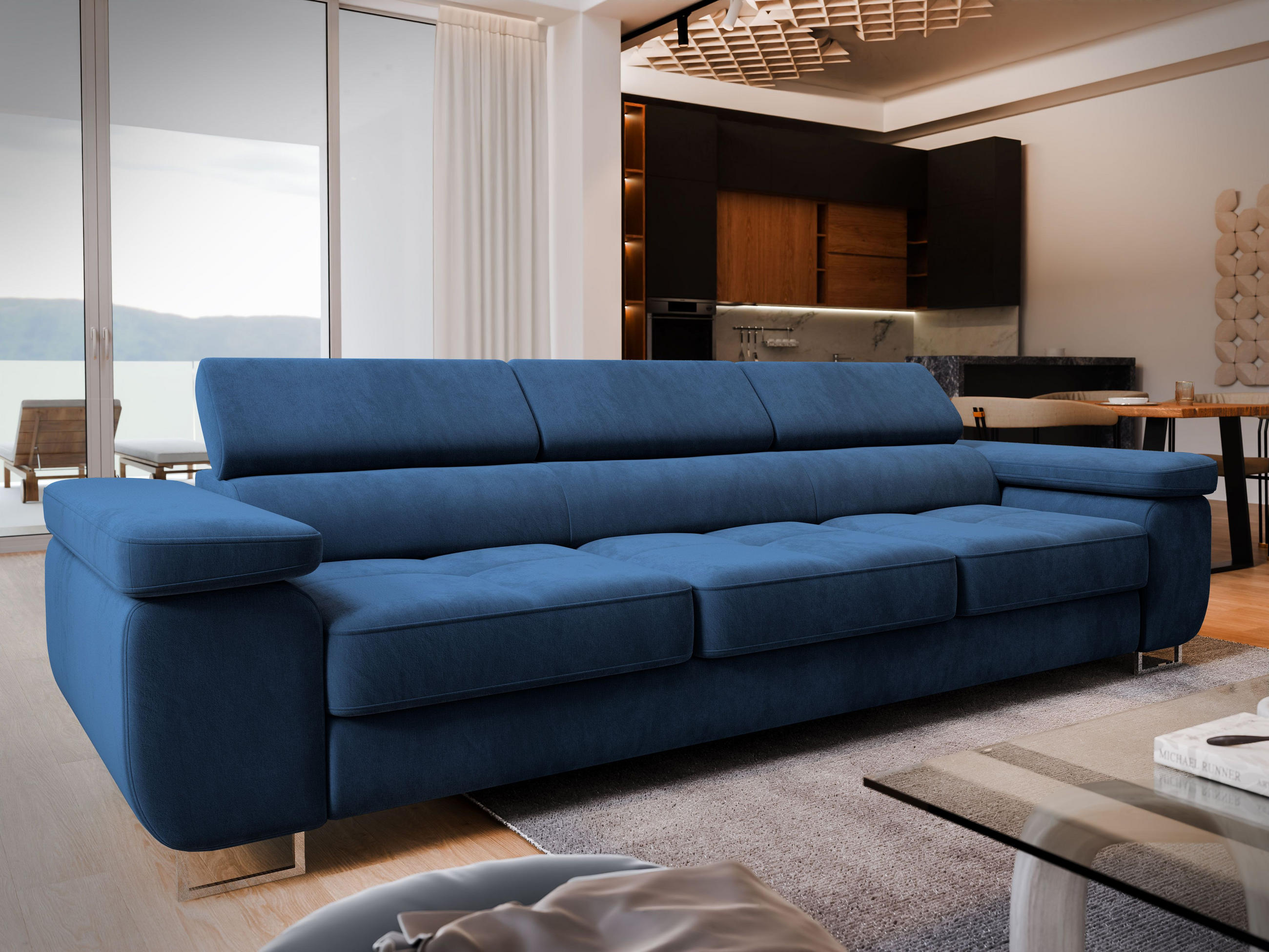 BETTSOFA MOSINE Blau Velours-Stoff mit Schlaffunktion - Blau, Textil (281/87/98cm) - MASSENO