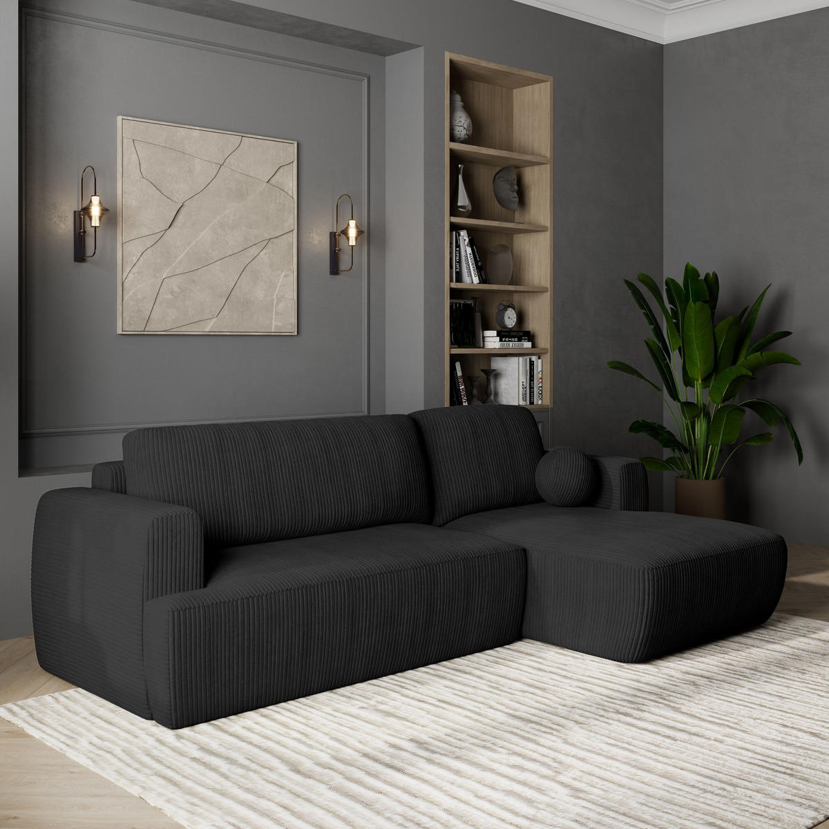 ECKSOFA SENTI P R-S Schwarz Kordstoff mit Schlaffunktion - Schwarz, Holz (246/148cm) - MASSENO