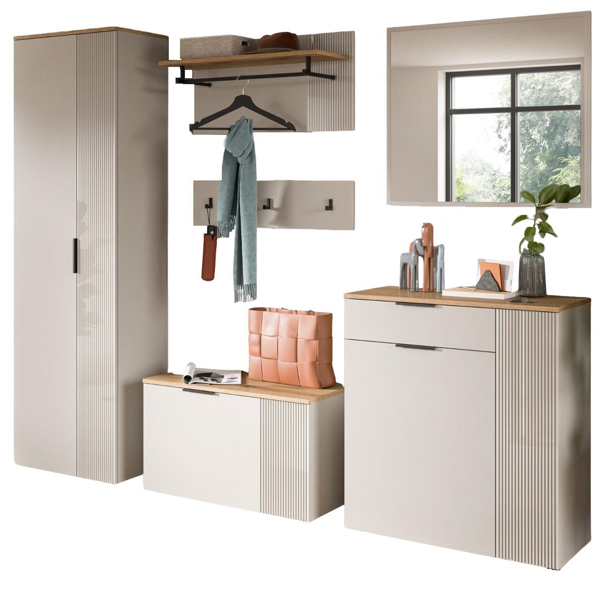 GARDEROBEN-SET 6-teilig Kaschmir Sand, Evoke Eiche, 250 x 190 cm Skid - Kaschmir/Eichefarben, Holzwerkstoff/Kunststoff (250/190/36cm) - Inn.Furn