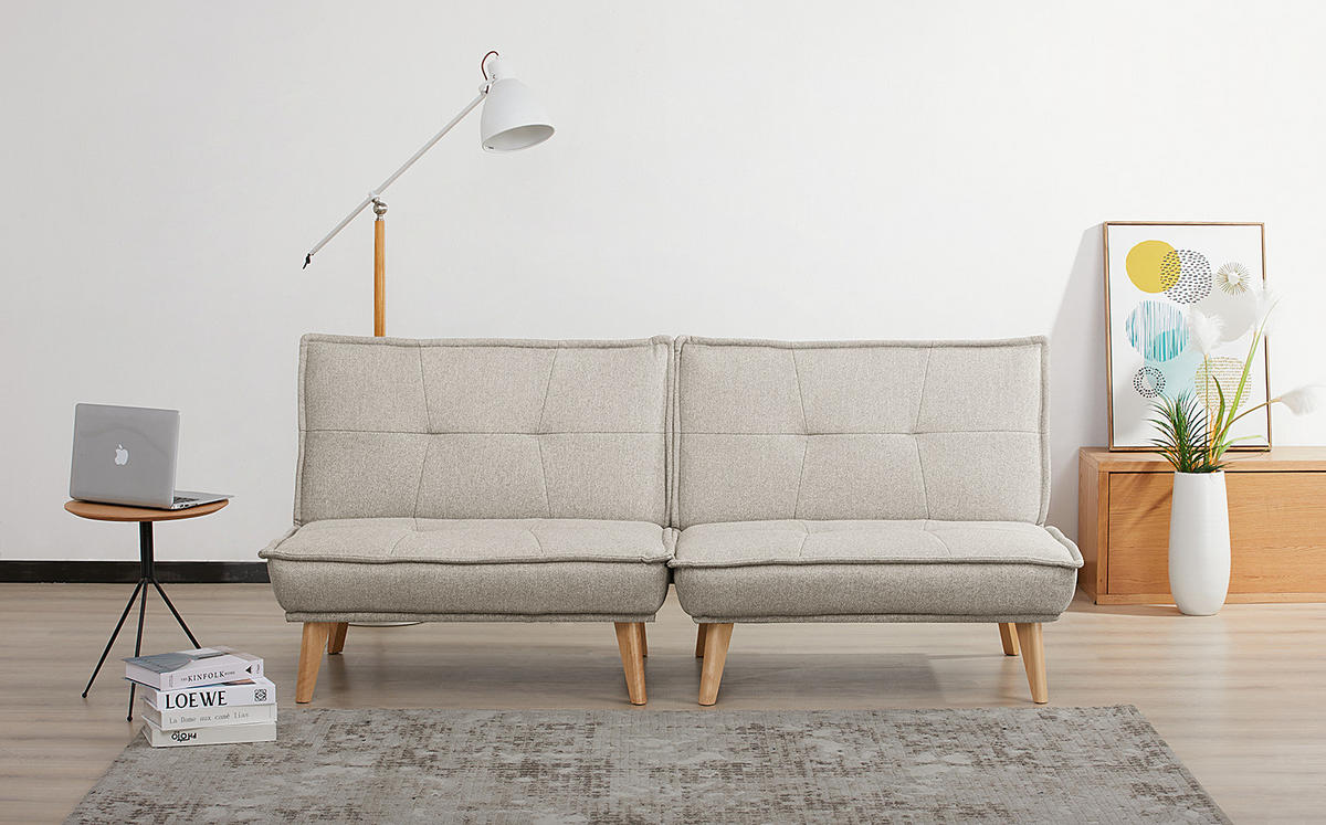SCHLAFSOFA - Textil / Kiefer teilmassiv - Eichefarben/Hellgrau, Holz/Birkenholz (198/84/83cm) - home24