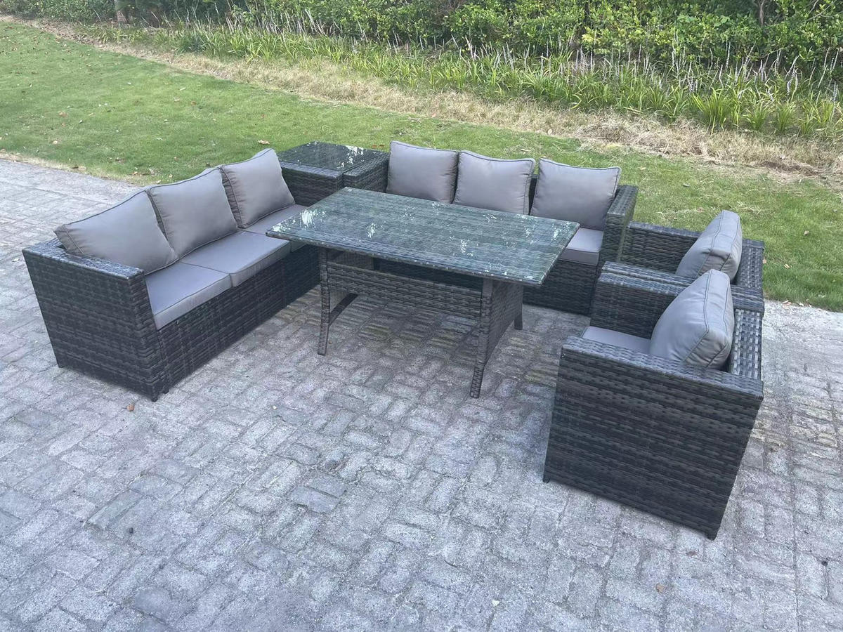 SITZGRUPPE mit Beistelltisch Polyrattan Dunkelgrau 8-Sitzer - Dunkelgrau/Grau, Glas/Kunststoff - Fimous