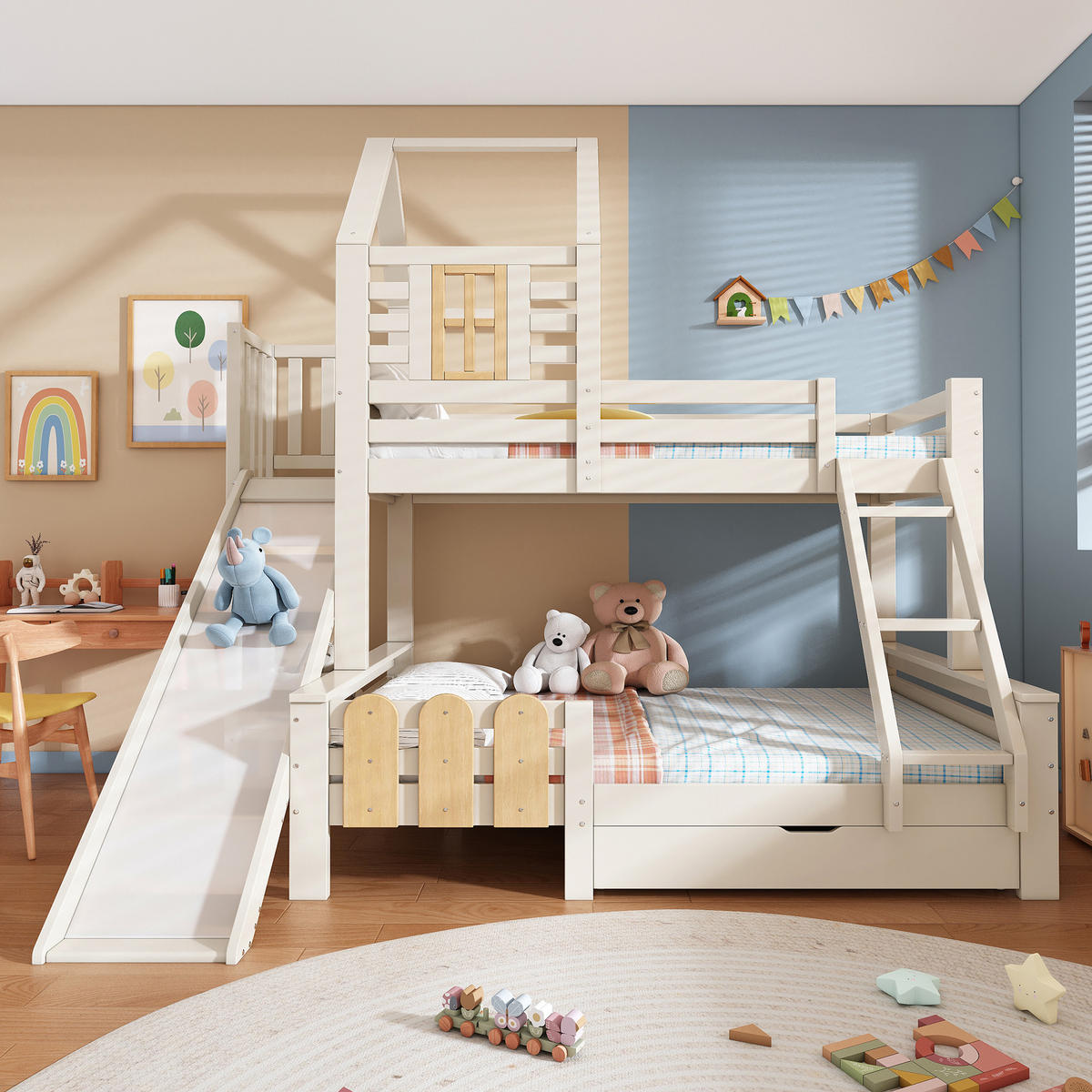 ETAGENBETT 90/200 cm Weiß aus Metall und Holz mit Rutsche Schublade und Leiter - Weiß, Metall (90/200cm) - OKWISH