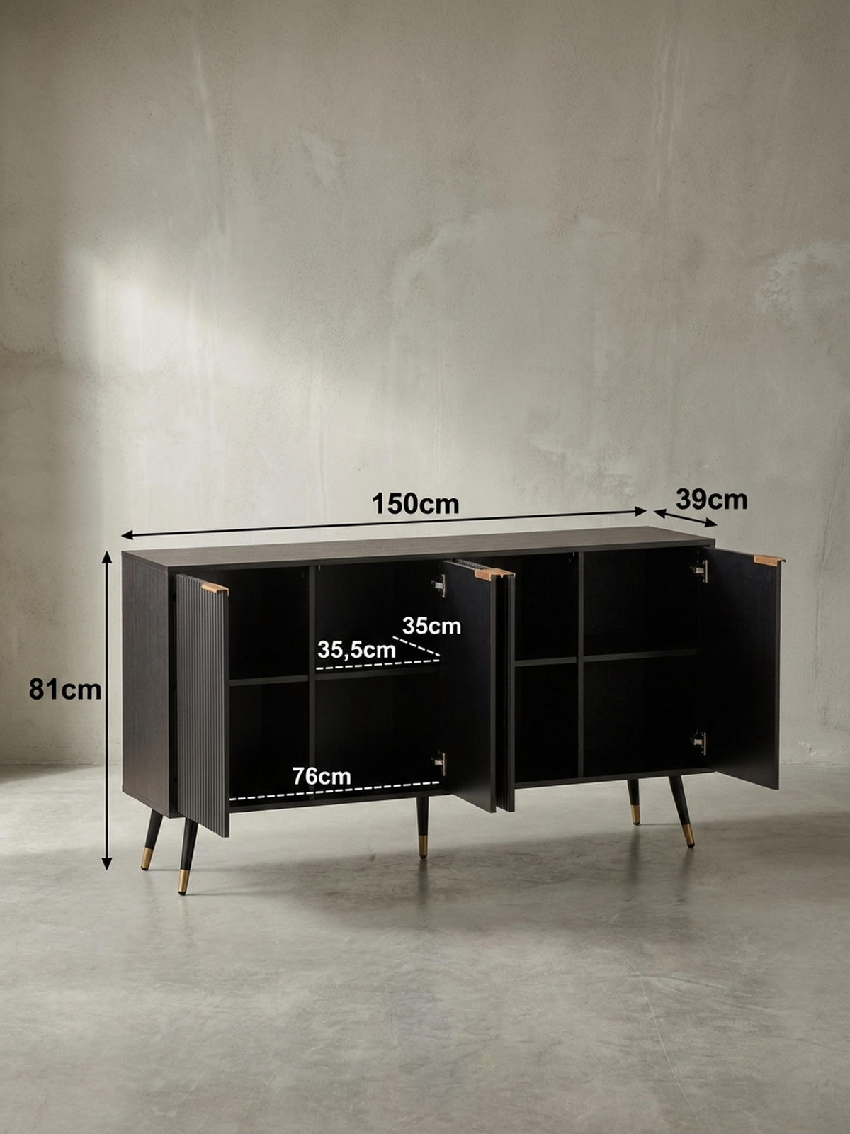 SIDEBOARD – Schwarz/Eiche-Dekor, 150x81x39 cm, mit Türen, Metallbeine - Goldfarben/Schwarz, Holzwerkstoff/Metall (150/81/39cm) - KADIMA DESIGN