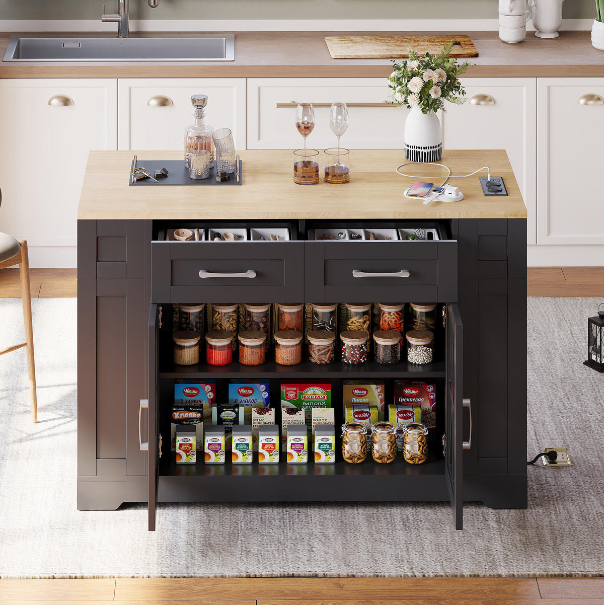 KÜCHENINSEL aus MDF 120x65x92 cm Schwarz/Natur mit Klapptisch, 2 AC-Steckdosen, 2 USB-Anschlüssen und Rollen - Schwarz, Holzwerkstoff (120/92/65cm) - Modfu