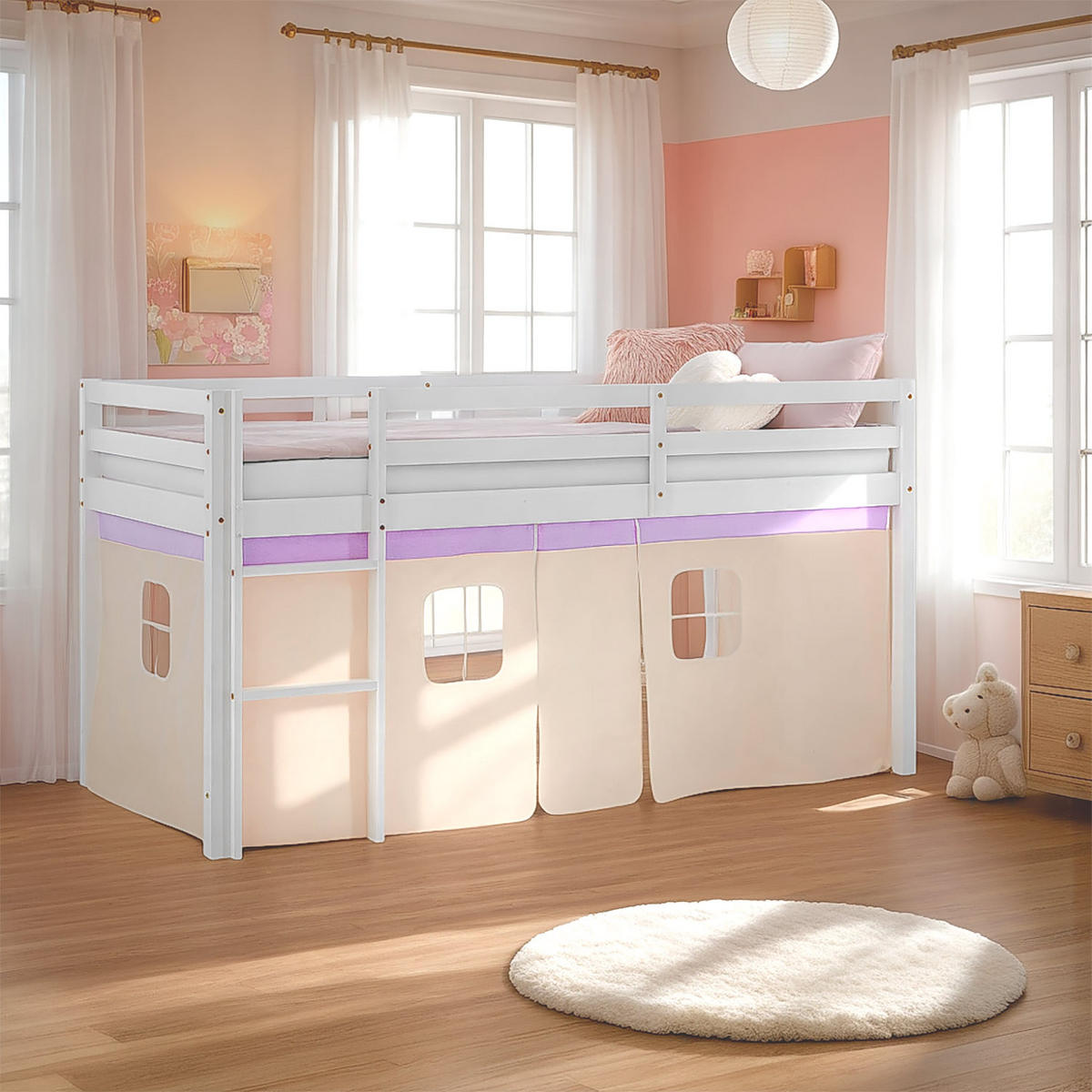 HOCHBETT 90/200 cm in weiß Bettvorhang peach - Lila/Weiß, Holz - Homestyle4u