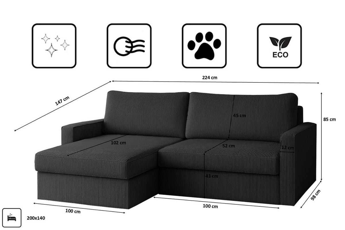ECKSOFA Mit Schlaffunktion Und Bettzeugablage LUBEKA Stoff Poso Graphit Links - Anthrazit, Holz/Textil (140/147cm) - Kaiser Möbel