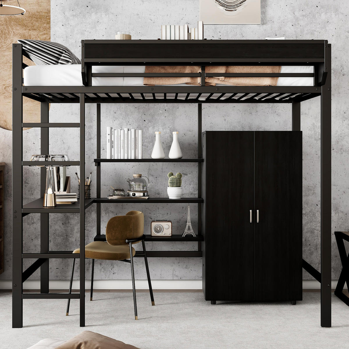 ETAGENBETT 90/200 cm Schwarz mit Tisch und Kleiderschrank - Weiß, Metall (90/200cm) - Flora Grace