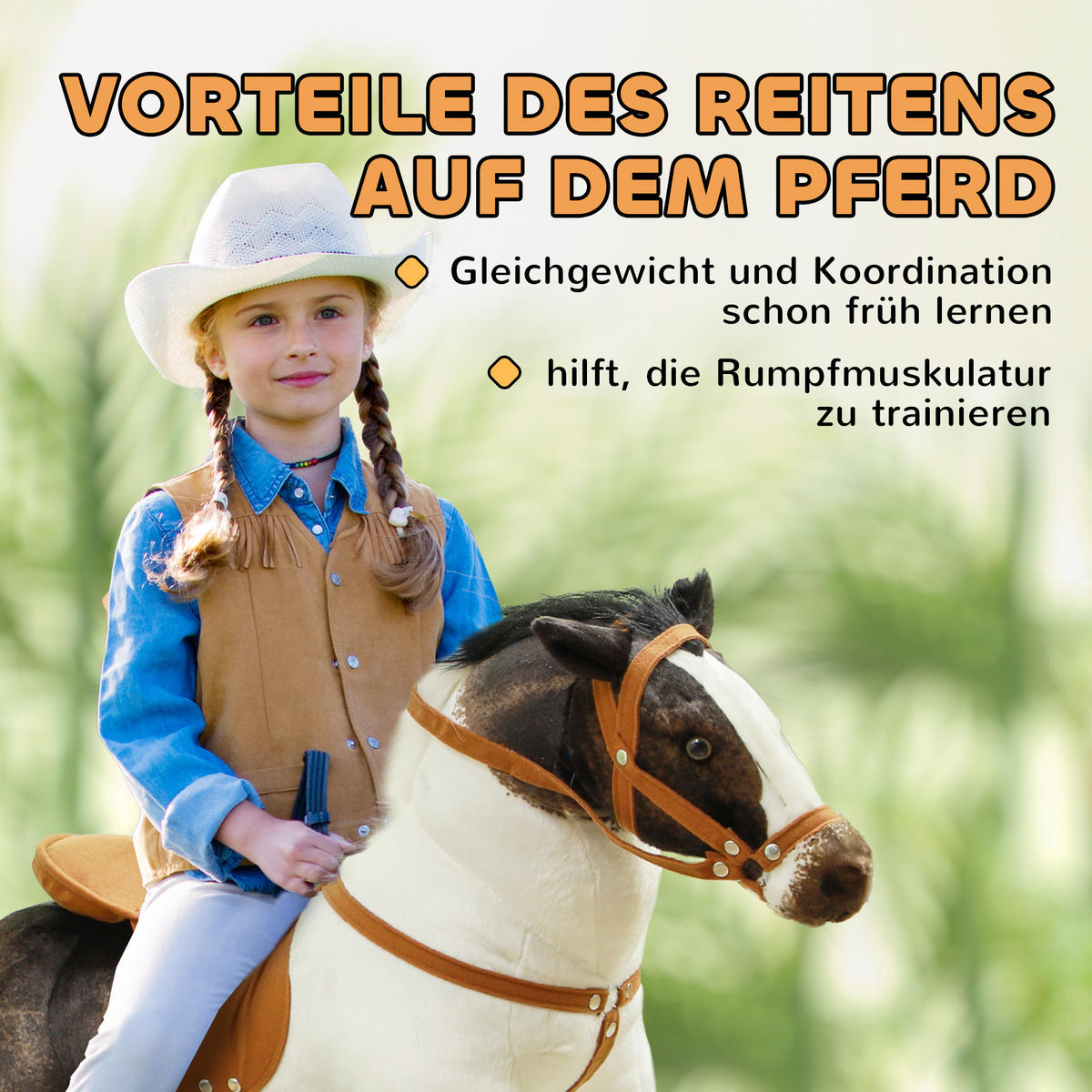 REITPFERD mit Soundfunktion, 48 cm Höhe Spielpferd zum Reiten Kinder 3-8 Jahre - Braun, Kunststoff/Metall (28/60/85cm) - AIYAPLAY
