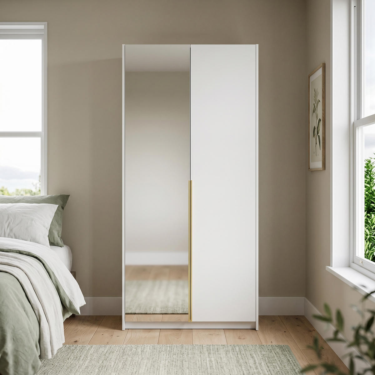 DREHTÜRENSCHRANK THALIA 100/204/58cm 2-türig mit Spiegel Weiß - Weiß, Holzwerkstoff (100/204/58cm) - MASSENO