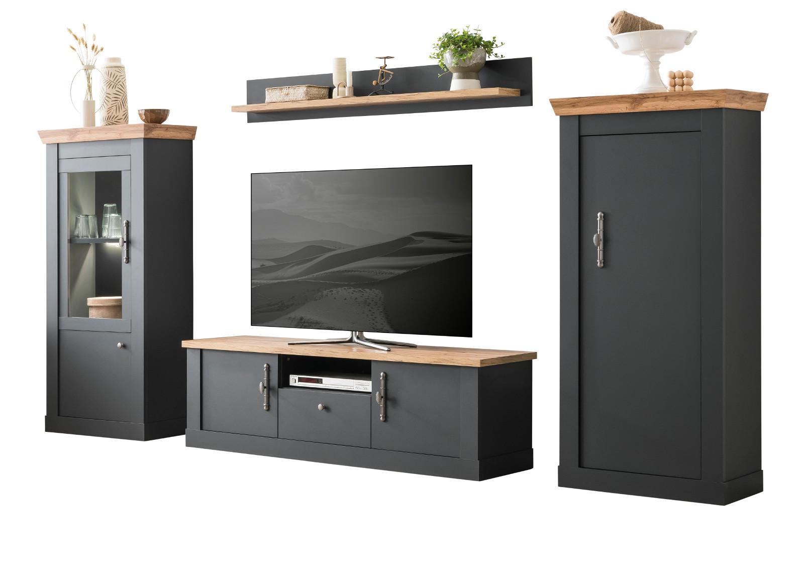 WOHNWAND 4-teilig grau, Eiche Wotan, Landhaus 322 x 170 cm, Wohnkombination mit Soft-Close - Silberfarben/Eiche Wotan, Glas/Holzwerkstoff (322/170/45cm) - Furn.Design