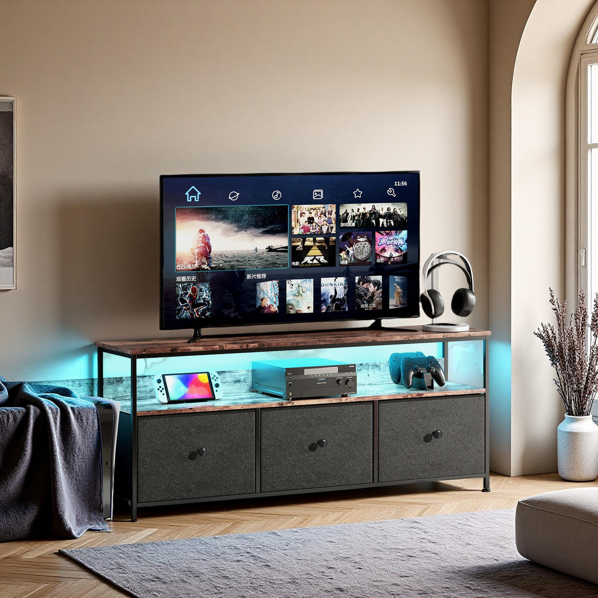 LED TV-TISCH 137cm schwarze PU Schubladen Retro Stil - Schwarz, Holzwerkstoff (29.8/57/137cm) - SHOPENTRA