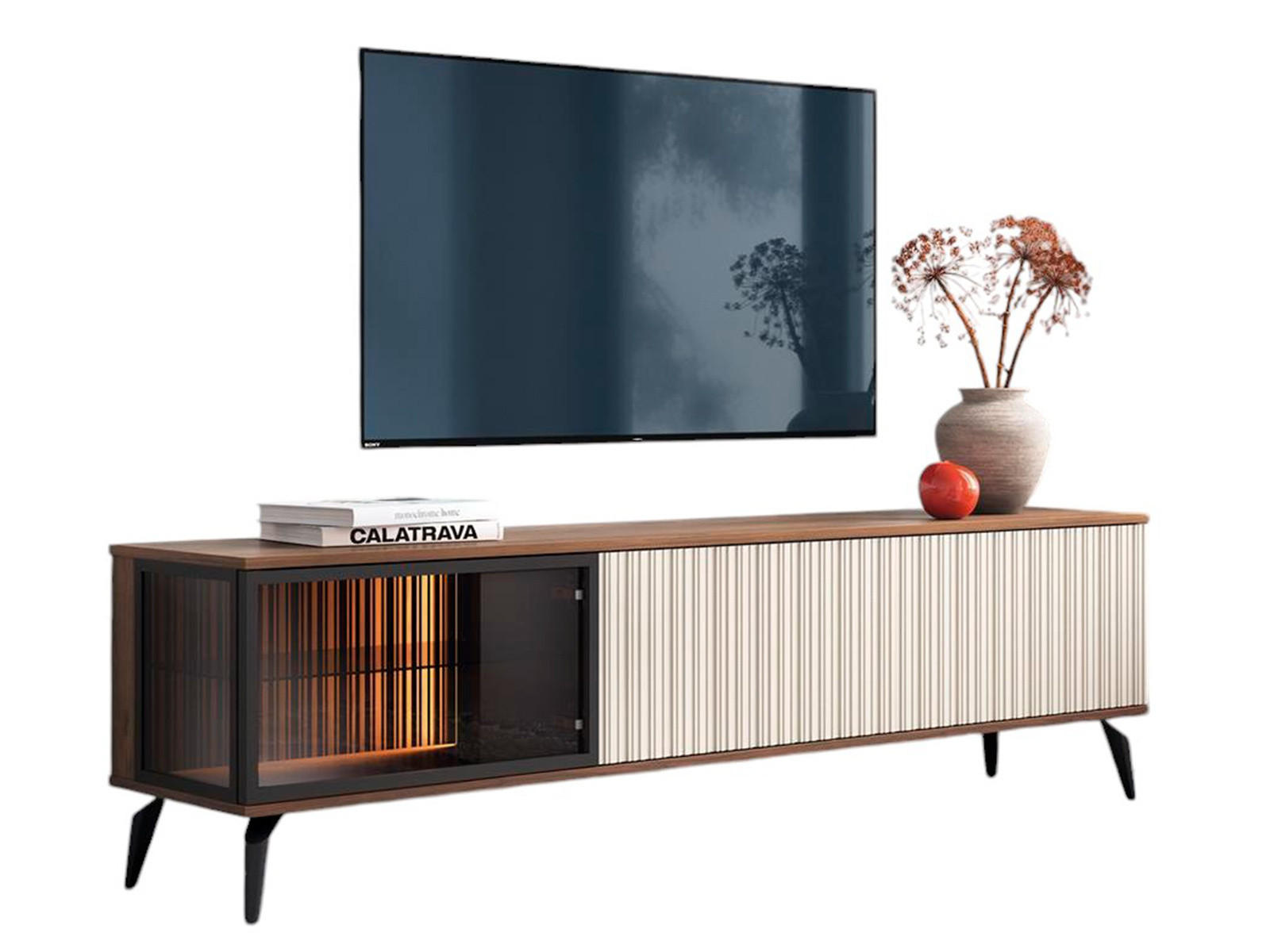 TV-SCHRANK dreitürig VIVIN mit geriffelte Front - Nussbaumfarben, Holzwerkstoff (180/50/39cm) - Compleo24