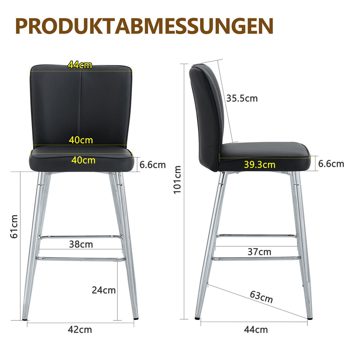 BARSTUHL 2er-Set mit Rückenlehne PU-Leder Schwarz Silber - Silberfarben, Metall (44/101/44cm) - Meubliv