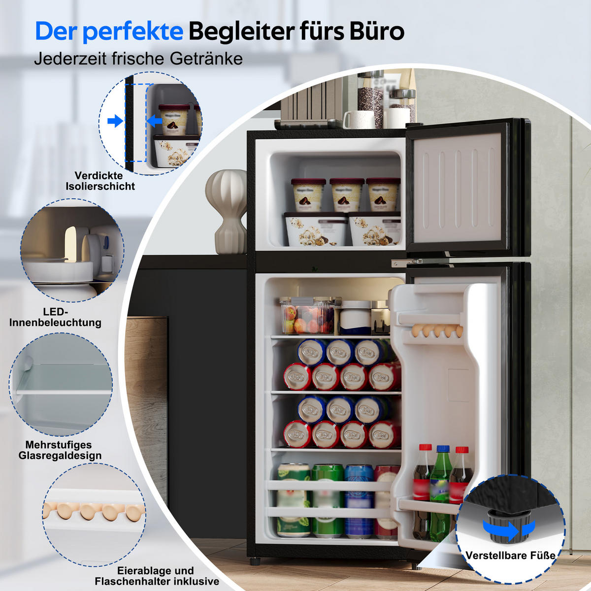 MINIKUHLSCHRANK 44.5/42.5/102 cm Schwarz 92L mit LED-Beleuchtung - Schwarz, Metall (44.5/102/42.5cm) - Oxeza
