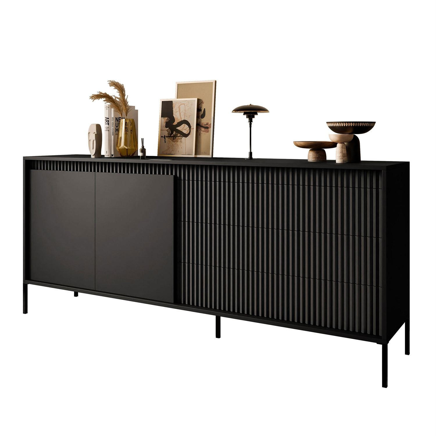 SIDEBOARD YASUMI 187 2D3S mit Schubladen schwarz matt - Schwarz, Holzwerkstoff (187.1/81.4/39.5cm) - Lookway