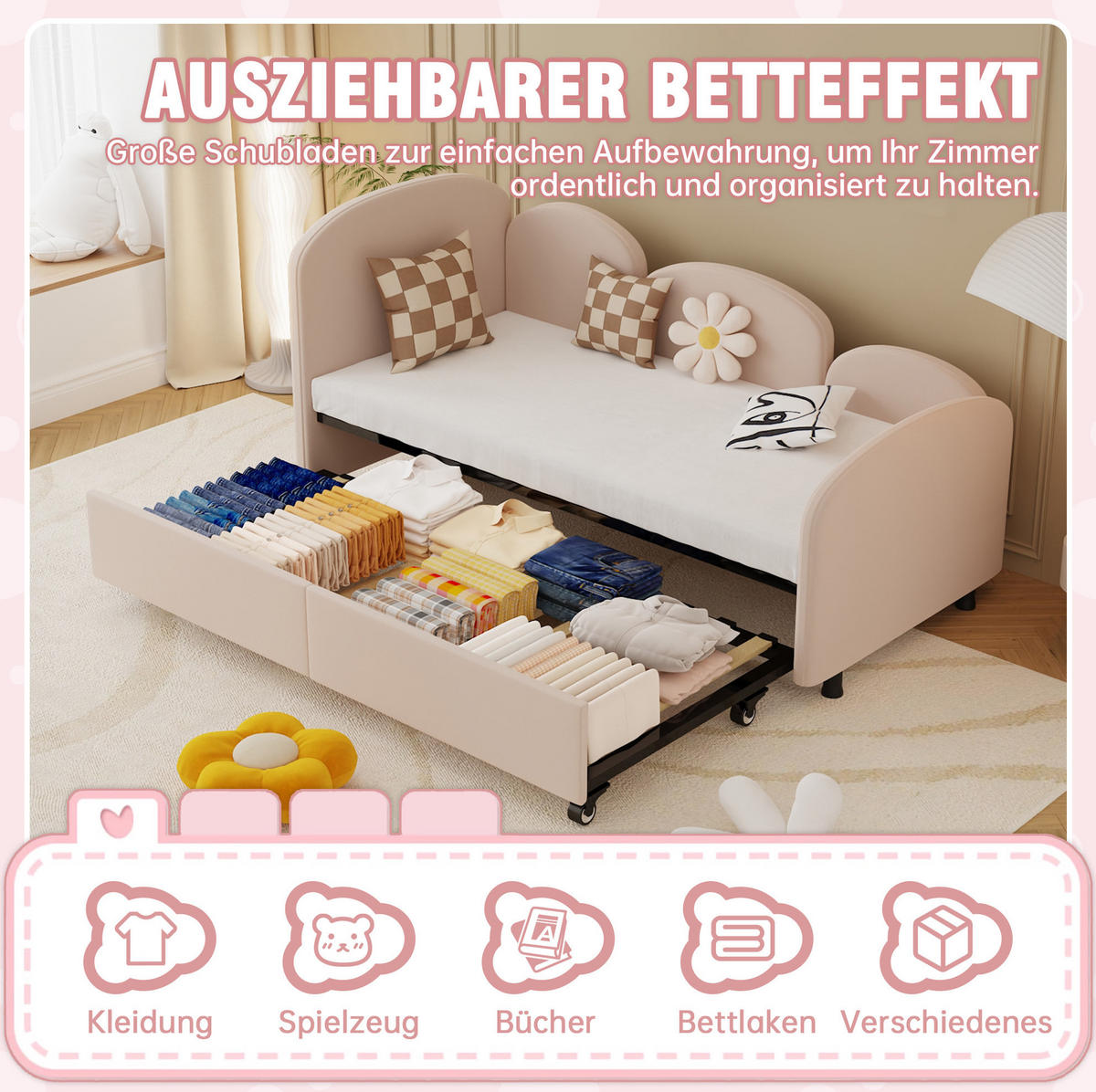 KINDERBETT 90/200 cm aus Samt und Eisen mit Blütenform und Bettkasten Pink - Rosa, Textil (90/200cm) - Modenvie