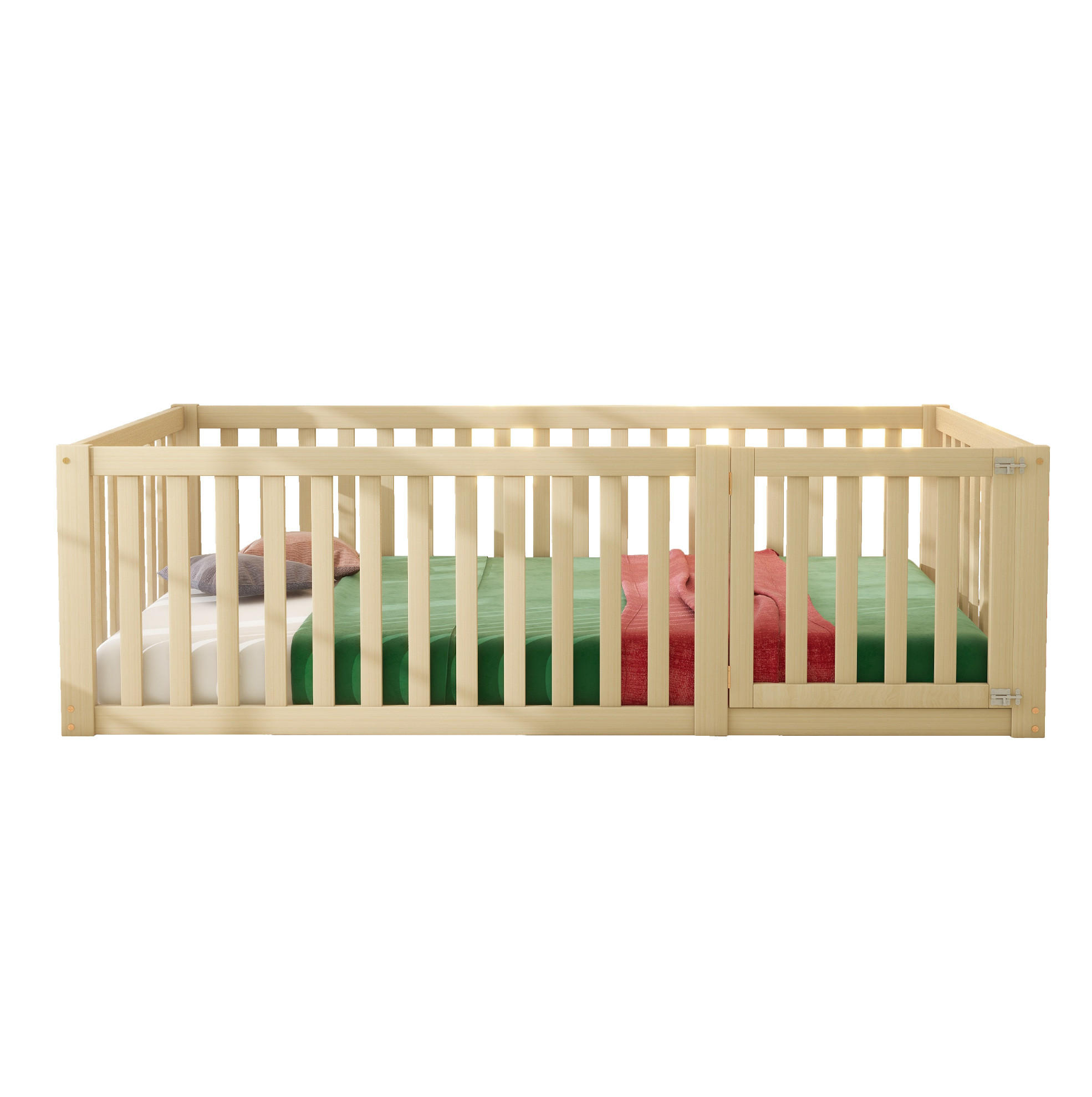 KINDERBETT 90/200 cm aus massivem Kiefernholz mit Zaun und Tür - Naturfarben, Holz (90/200cm) - BEAOK