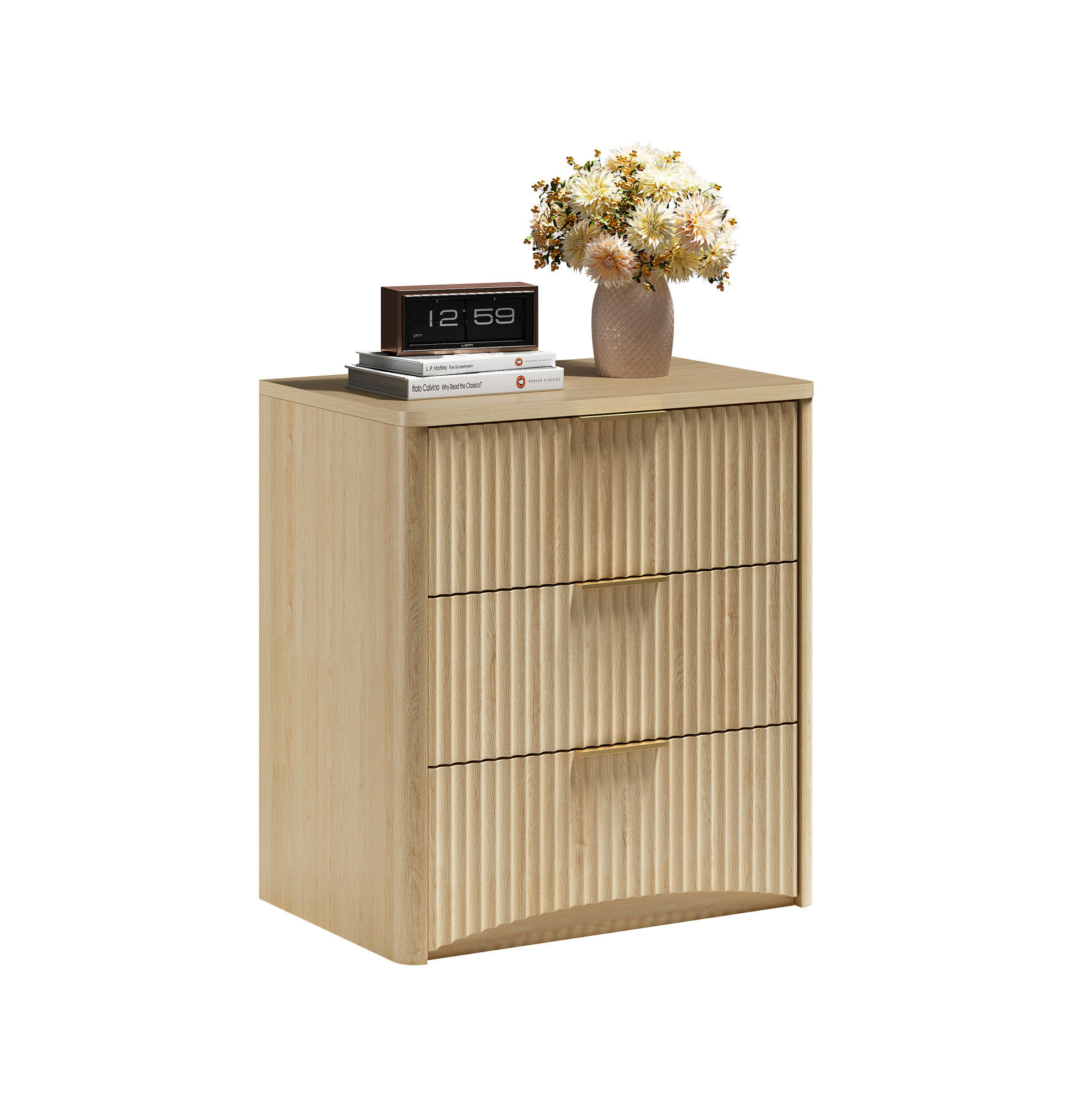 NACHTTISCH aus MDF 38x58x64 cm Eiche mit 3 Schubladen, Rillenfront und gedämpften Metallschienen - Nussbaumfarben, Holzwerkstoff (58/64/38cm) - Modfu
