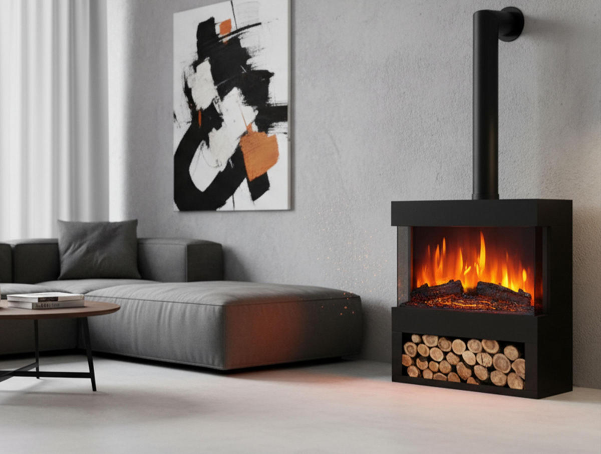 ELEKTROKAMIN Schwarz Bodenmodell mit integrierter Heizung 1800 W - Schwarz, Glas (60/74/30cm) - Purline