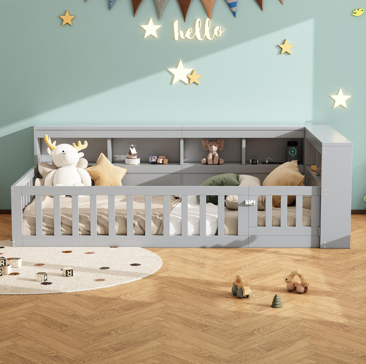 KINDEREINZELBETTEN aus Spanplatte & MDF 90x200 cm in Grau mit USB, Steckdose & Stauraum - Grau, Holzwerkstoff (90/200cm) - Modfu