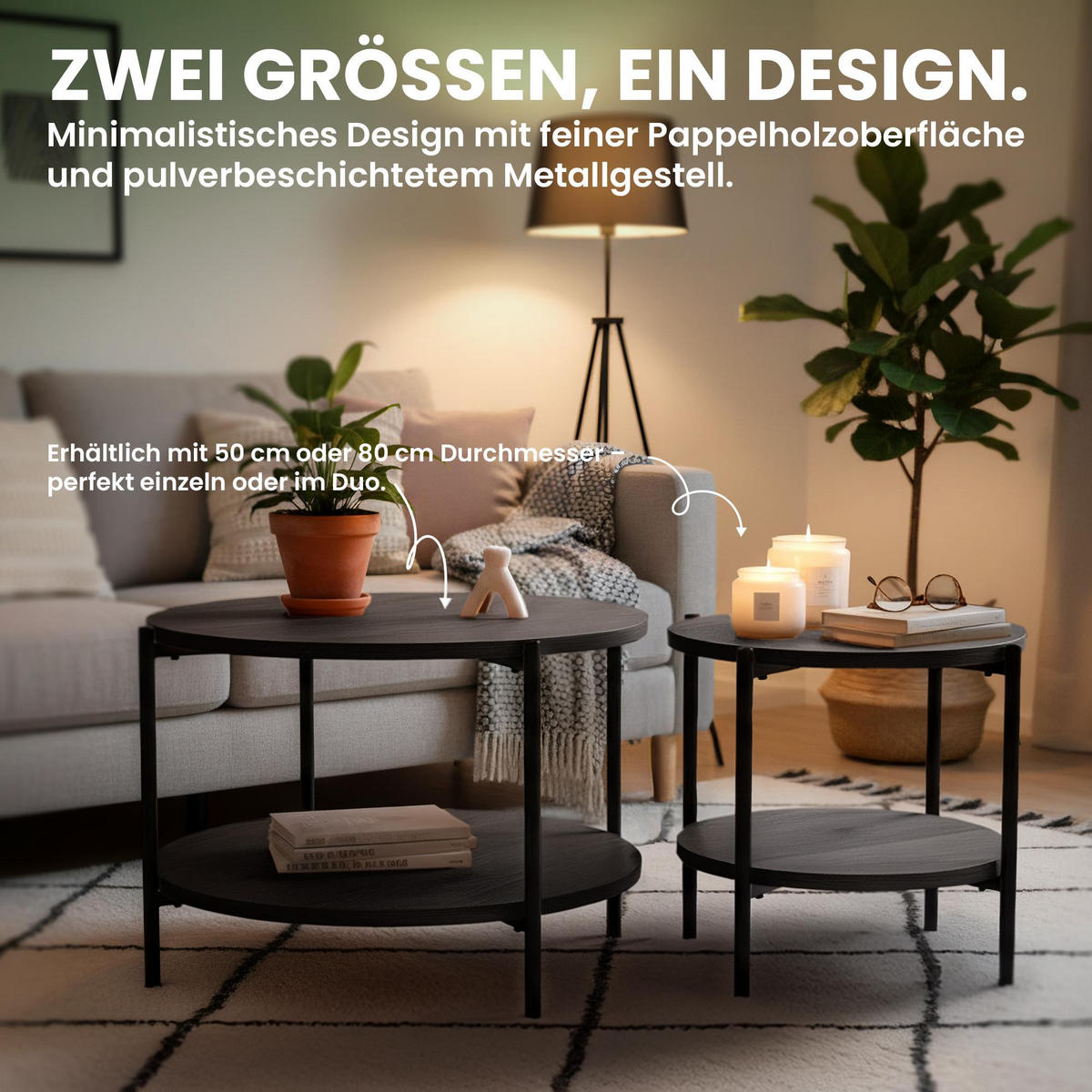 COUCHTISCH rund 50 cm Holz Grau - Schwarz/Grau, Holz/Metall (50/50/40cm) - CLP