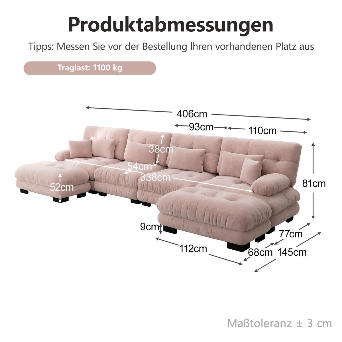 WOHNLANDSCHAFT DE-34065 U-förmig Rosa - Pink, Holz (145/81/406cm) - ComfortXL