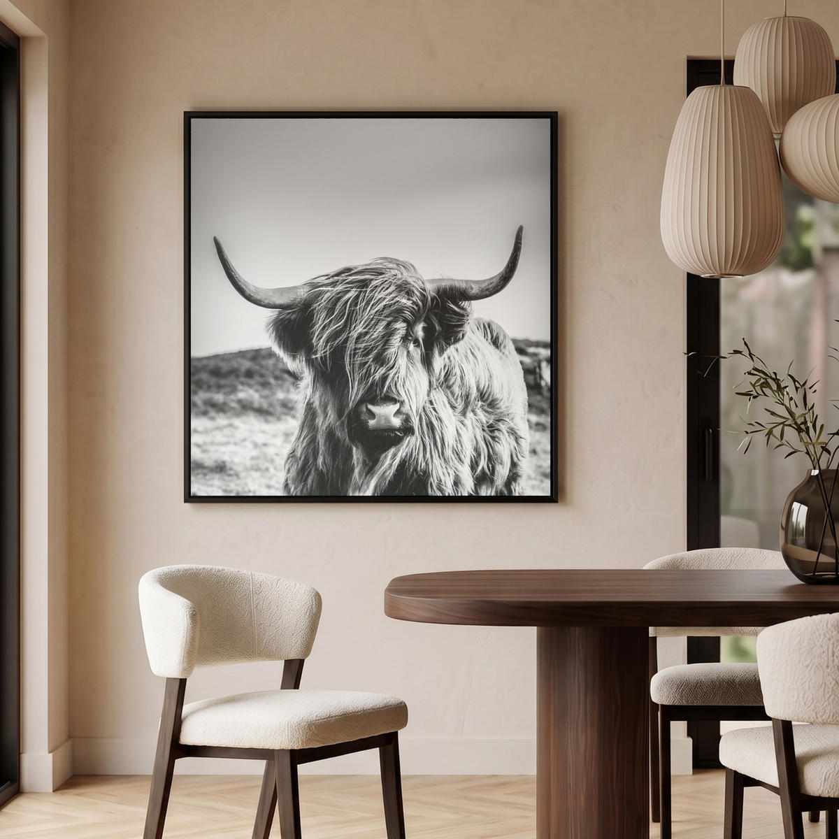 LEINWAND Bilder mit Rahmen - Kuh - Schottischer Hochländer - Schwarz - Weiß - Tier - Natur - Wildtiere - 90x90 - Schwarz, Textil (90/90cm) - MuchoWow