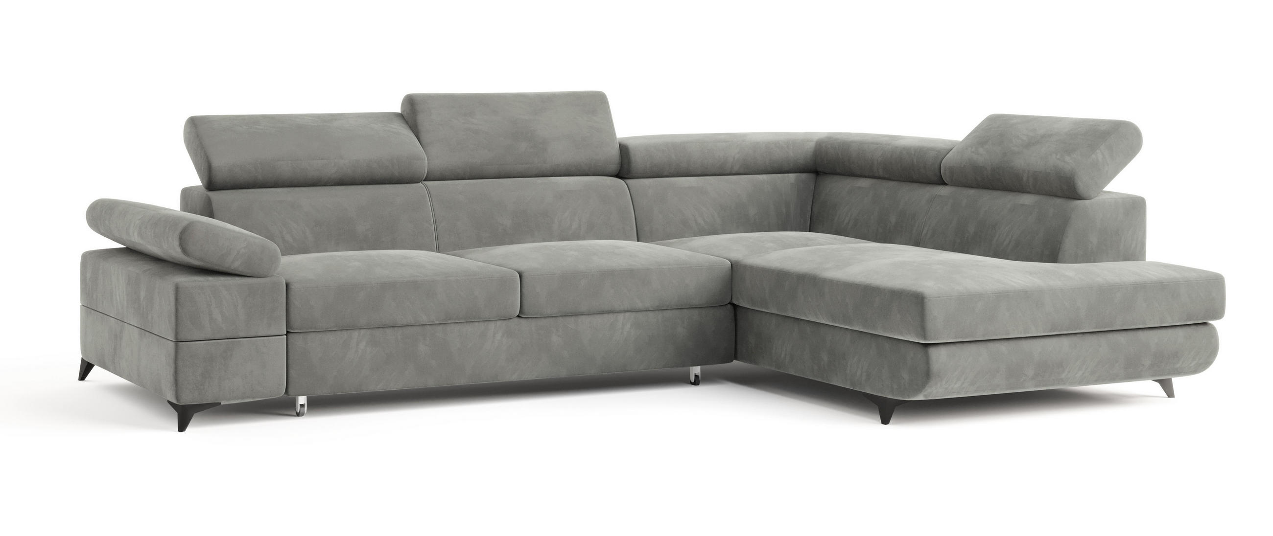 ECKSOFA FAVIEN R-S Hellgrau Velours-Stoff mit Schlaffunktion - Hellgrau, Holz (257/190cm) - MASSENO