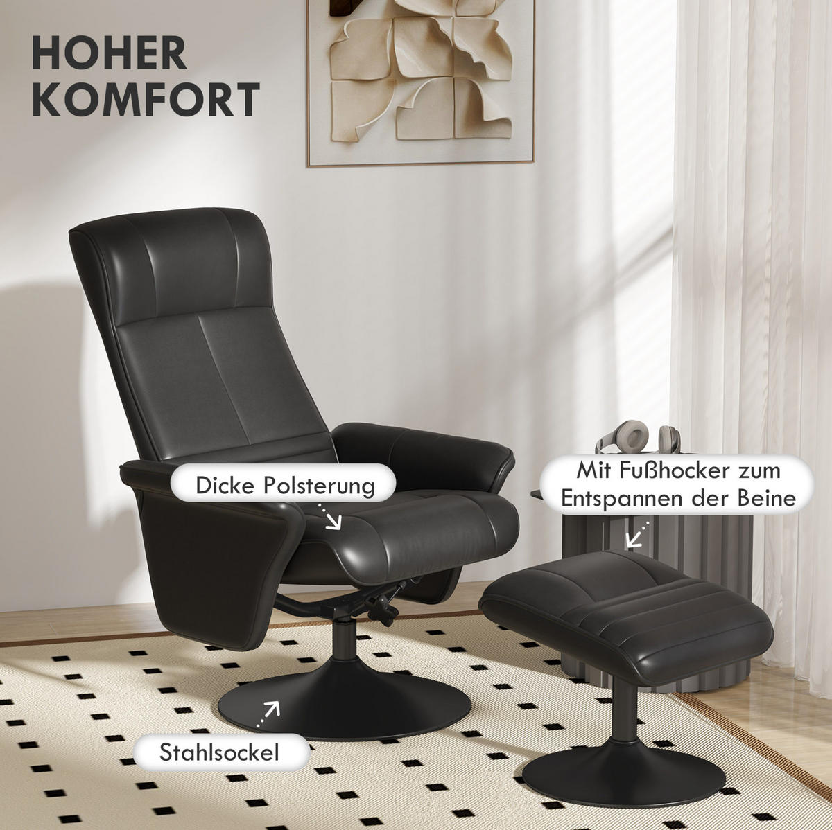 RELAXSESSEL Polyester mit Hocker, Liegefunktion 69/71/104 cm Schwarz - Schwarz, Textil (71/104/69cm) - Redom