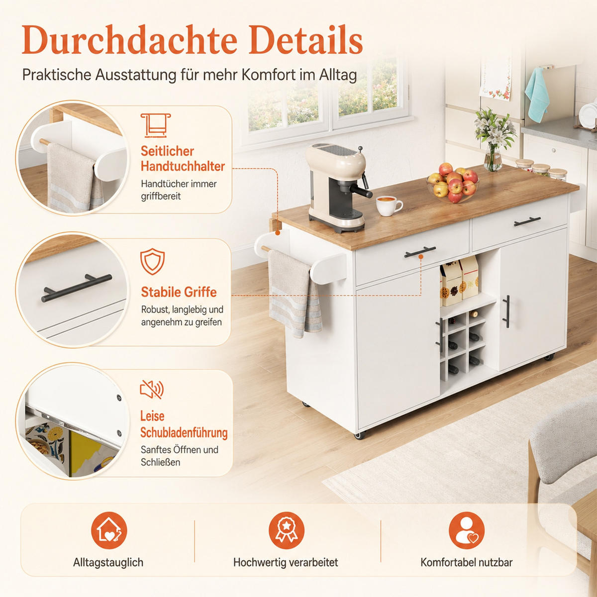 KÜCHENINSEL Mit ARBEITSPLATTE, Weiß, Holzwerkstoff, Für Küche Und Esszimmer, 120/45/84 cm - Weiß, Holzwerkstoff (45/84/120cm) - Rolipo
