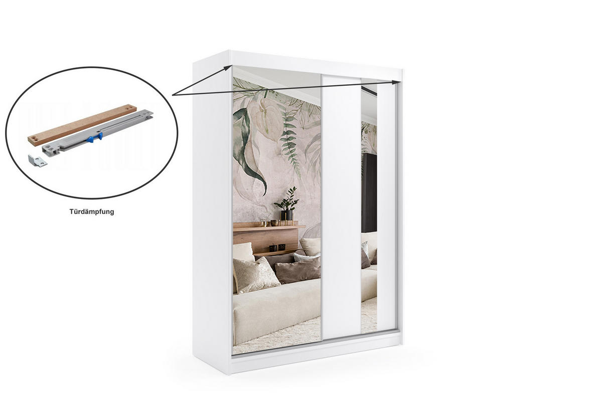 KLEIDERSCHRANK mit Spiegel-Schiebetüren und Aluminium-Leisten - GRACE - 160 cm Weiß - Weiß, Holzwerkstoff (160/216/61cm) - ALTDECOR