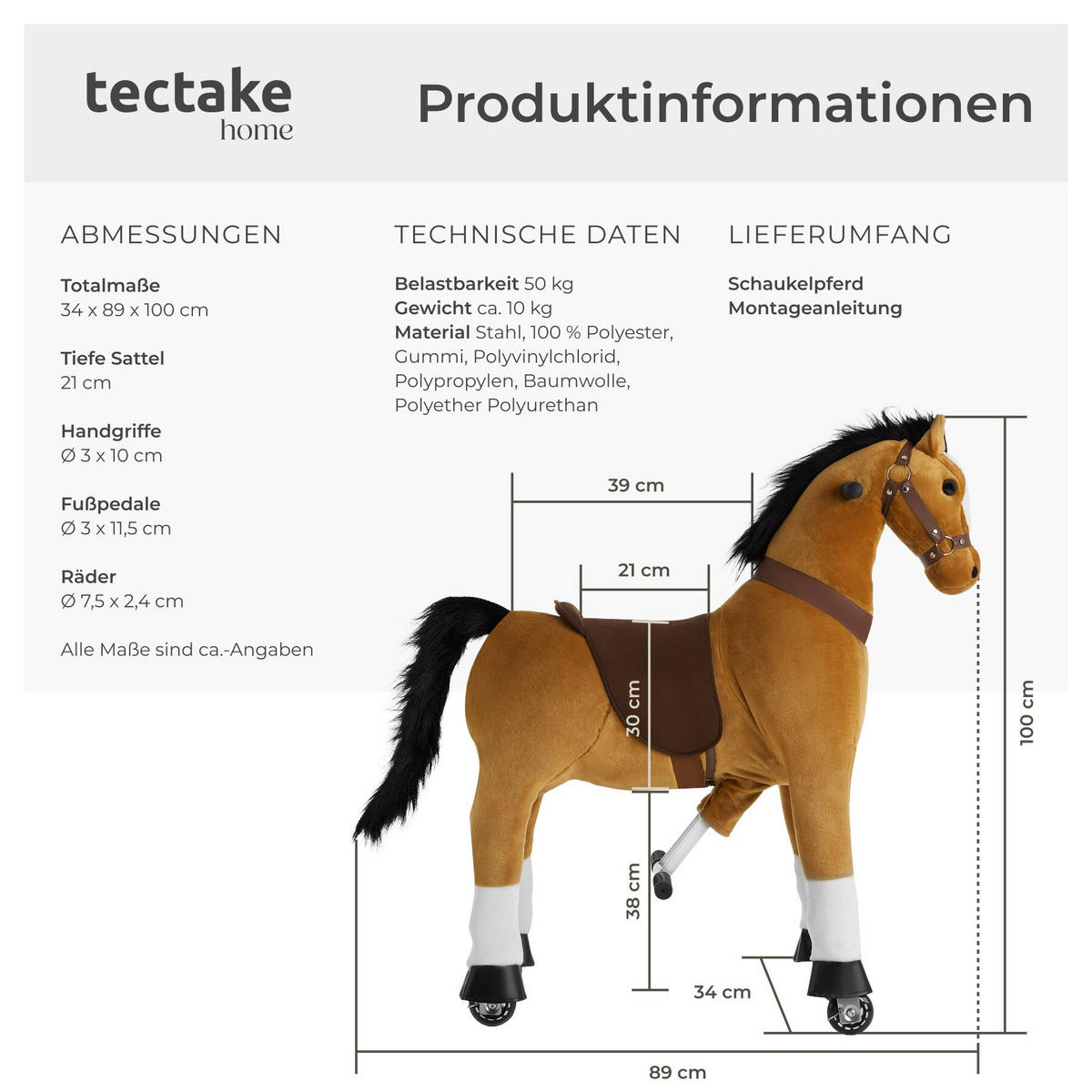 SCHAUKELPFERD AUF ROLLEN ,rutschfeste Gummigriffe und -pedale,hellbraun - Hellbraun, Kunststoff (89/34/100cm) - tectake