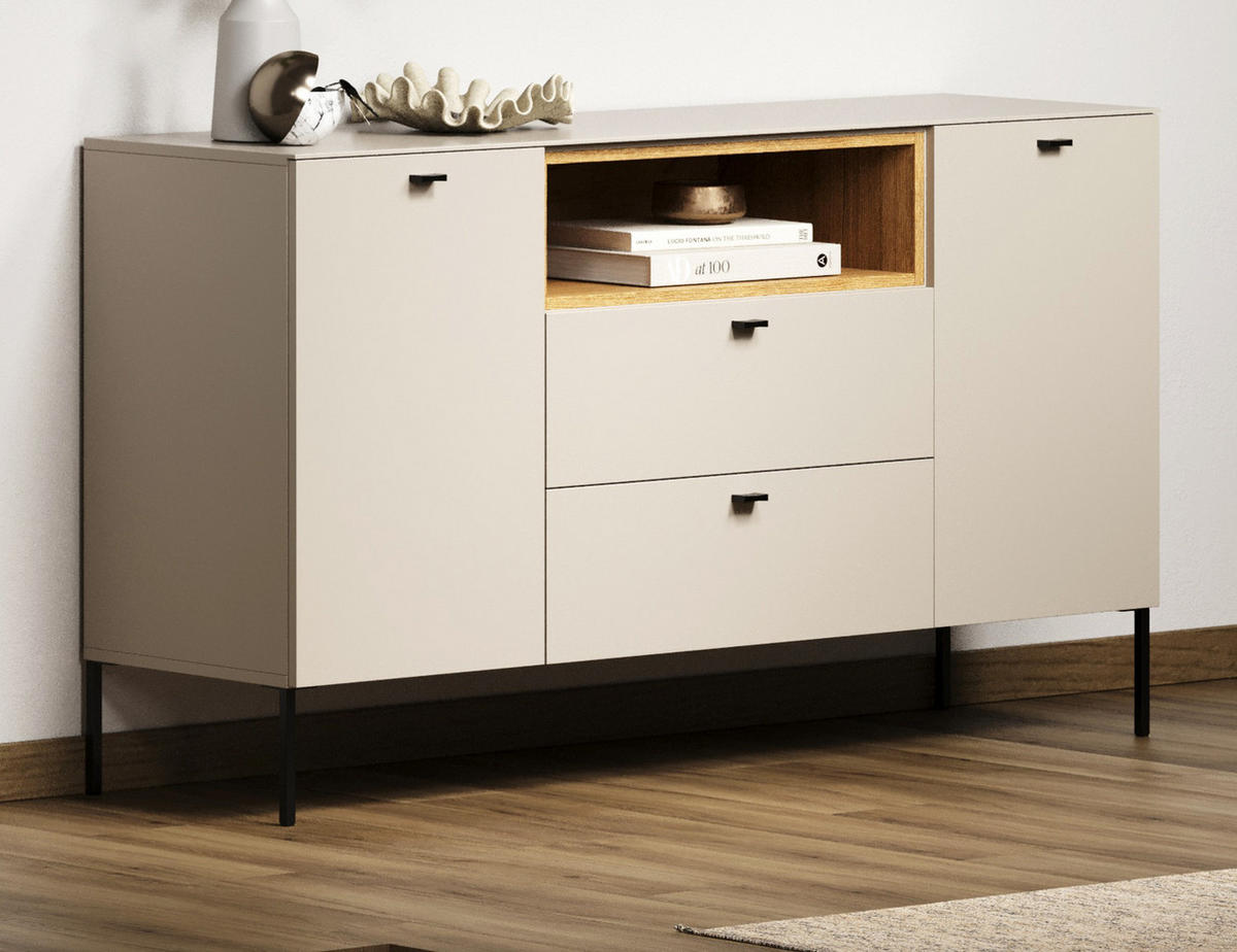 SIDEBOARD Sand, Evoke Eiche 154 cm, Kommode mit Soft-Close - Sandfarben/Kaschmir, Holzwerkstoff/Metall (154/85/42cm) - Top.Furn