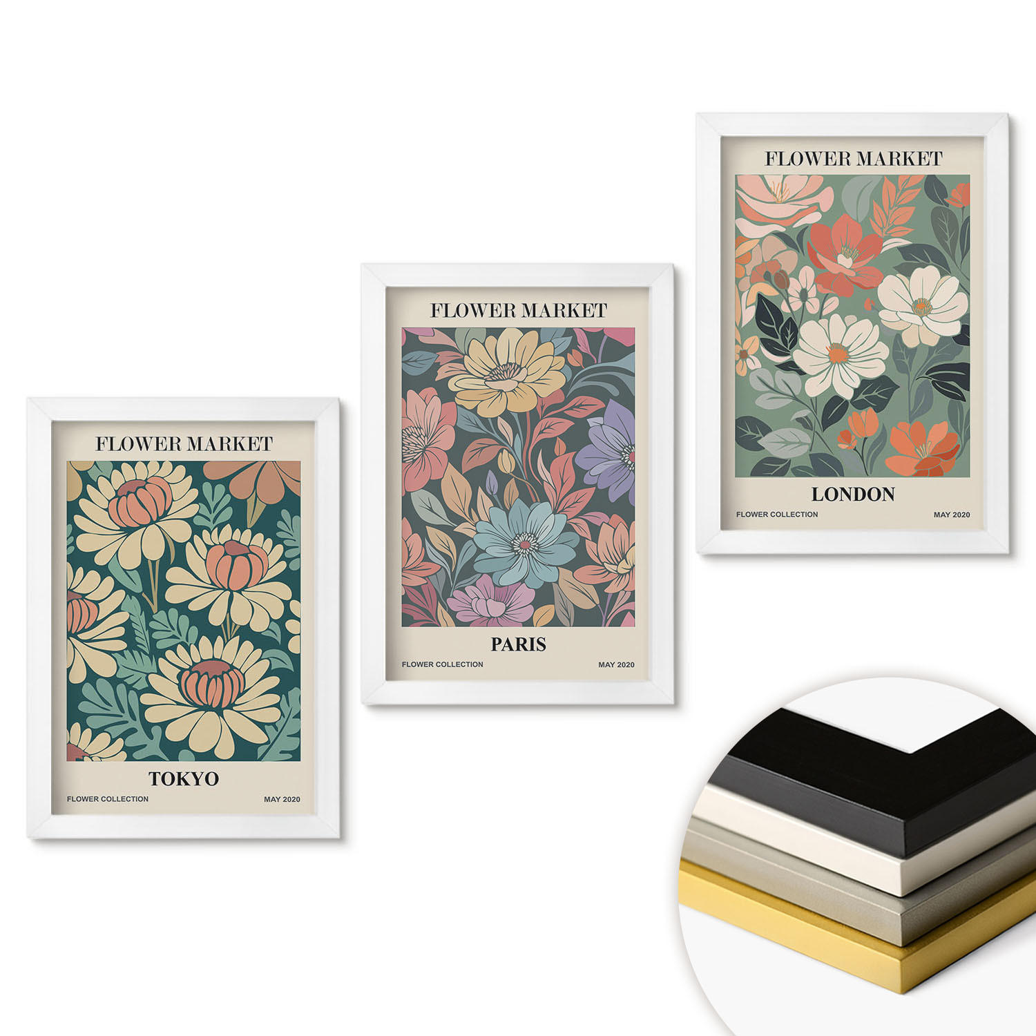 WANDBILDER 3er-Set - 20x30 cm Weißer Rahmen - Blumenposter Tokio Paris London - Weiß, Kunststoff (20/30cm) - ArtPrintCave