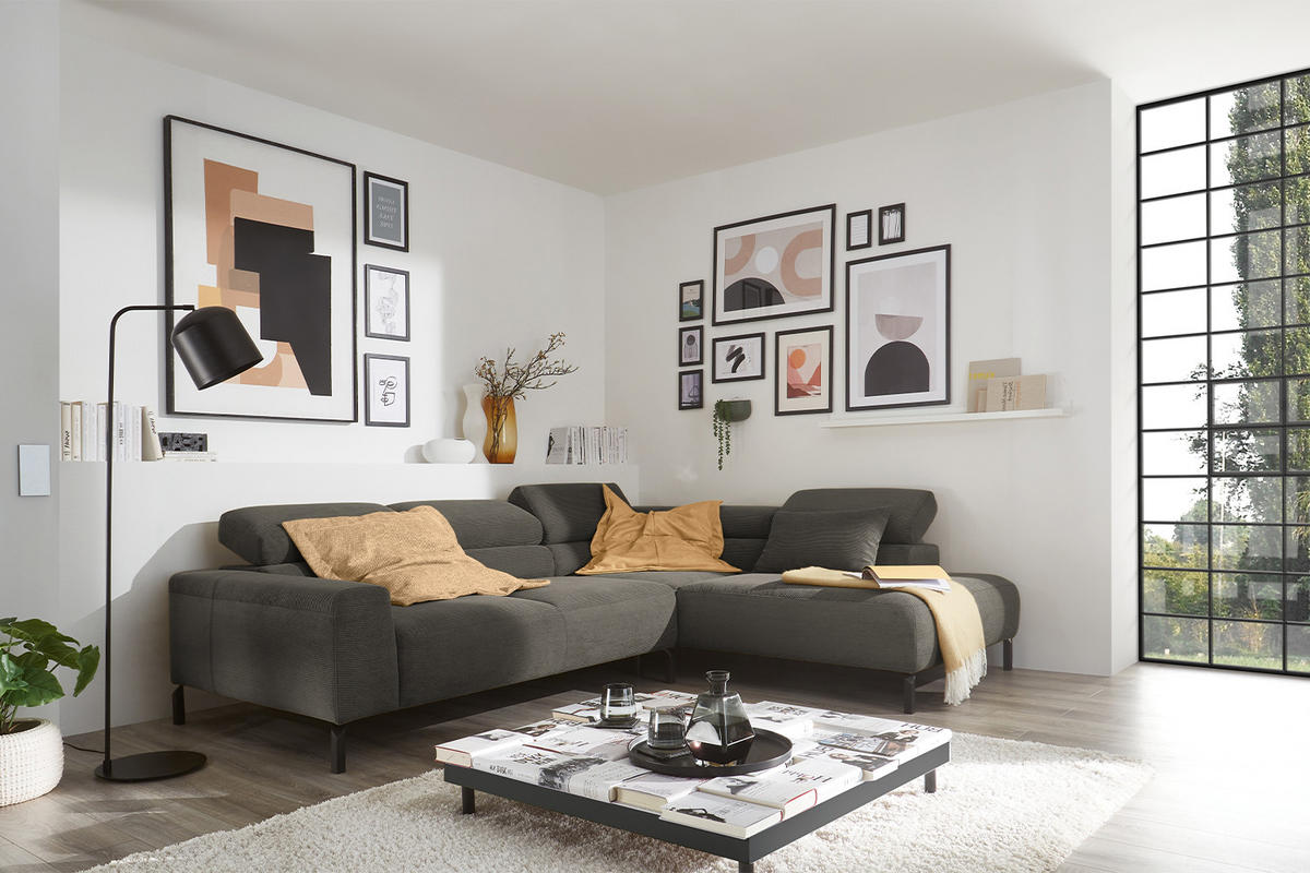 ECKSOFA MIT MOTORISCHEM SITZVORZUG DELIA Anthrazit Cord - Anthrazit/Schwarz, Textil/Metall (276/219cm) - KAWOLA