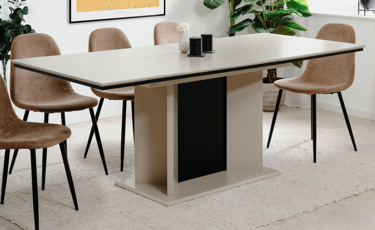 ESSTISCH sand, schwarz, Säulentisch ausziehbar 160 - 200 x 90 cm - Sandfarben/Schwarz, Holzwerkstoff (160/90/76cm) - Furn.Design