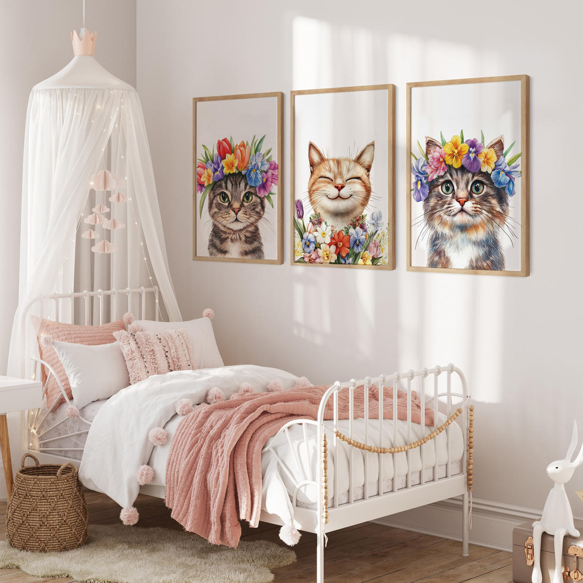 POSTER SET für Kinderzimmer KATZEN Blumen Tiere Pflanzen 3x Poster A3 30x42cm - Beige/Rot, Papier (30/42/1cm) - Muralo