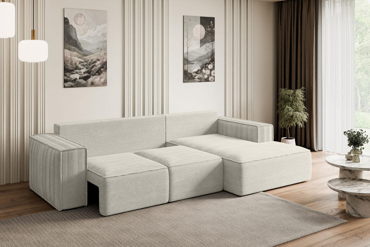 ECKSOFA mit Schlaffunktion und Bettkasten SERRA-L-S - 266x161x87 cm Hellgrau Cord - Hellgrau/Schwarz, Holzwerkstoff/Kunststoff (266/161cm) - ALTDECOR