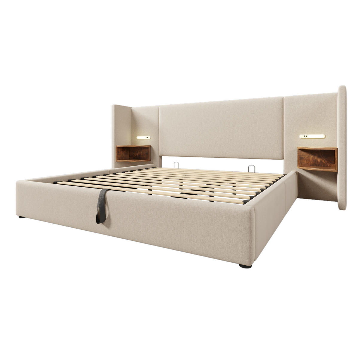POLSTERBETT 180/200 cm Beige mit Nachttisch und USB-Ladefunktion - Beige, Textil (180/200cm) - OKWISH