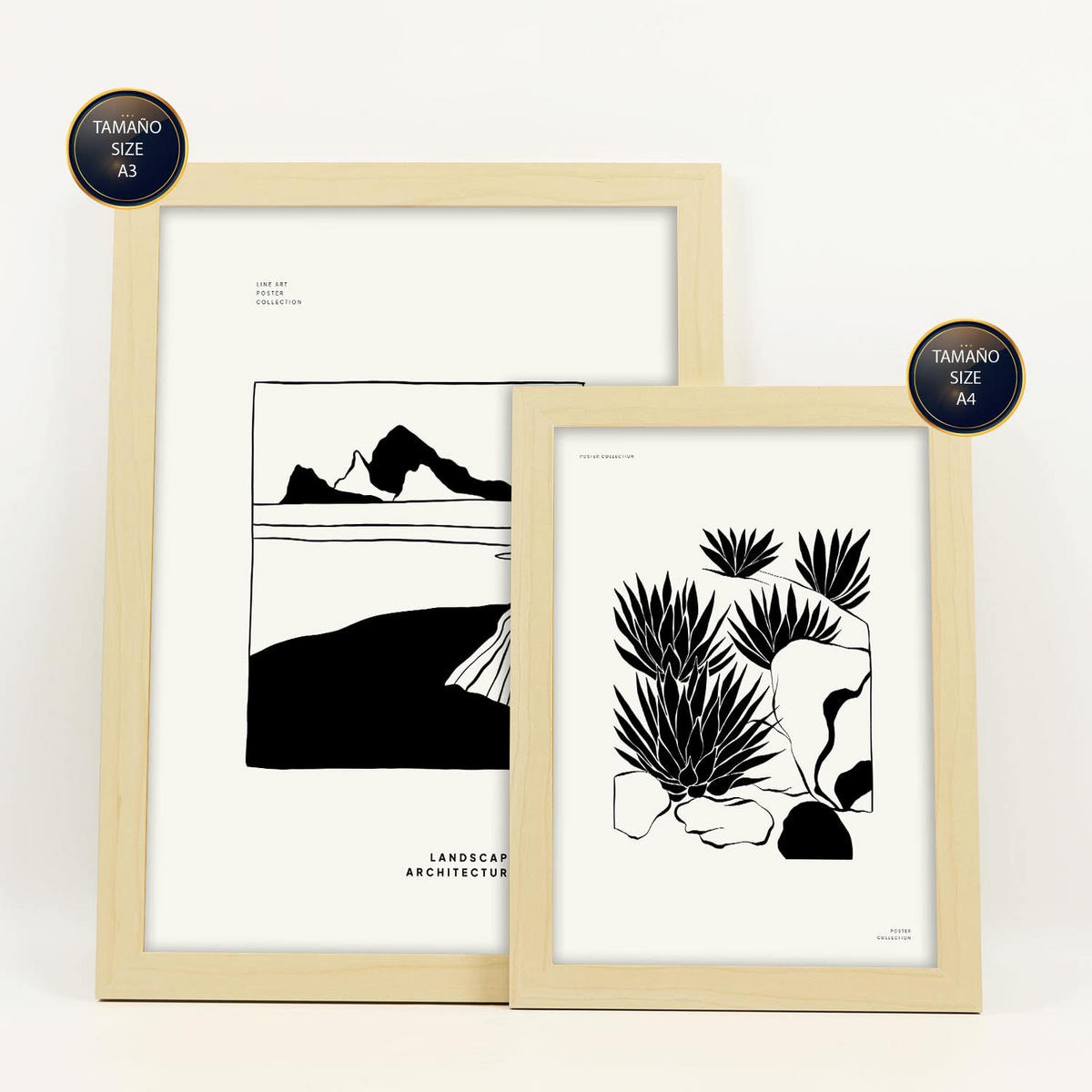 POSTER Set Mit 6 In Schwarzer Tinte Kakteen In Töpfen Künstlerische Und Abstrakte Drucke Für Innenarchitektur A3 & A4 Rahmen Aus Hellem Holz - Beige, Papier (29/3cm) - Nacnic